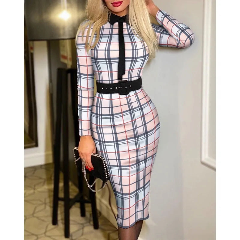 Fashionable Women's Printed Tight A-line Skirt Sexy Suit Collar Dress Wrapped Buttocks For Women With Belt