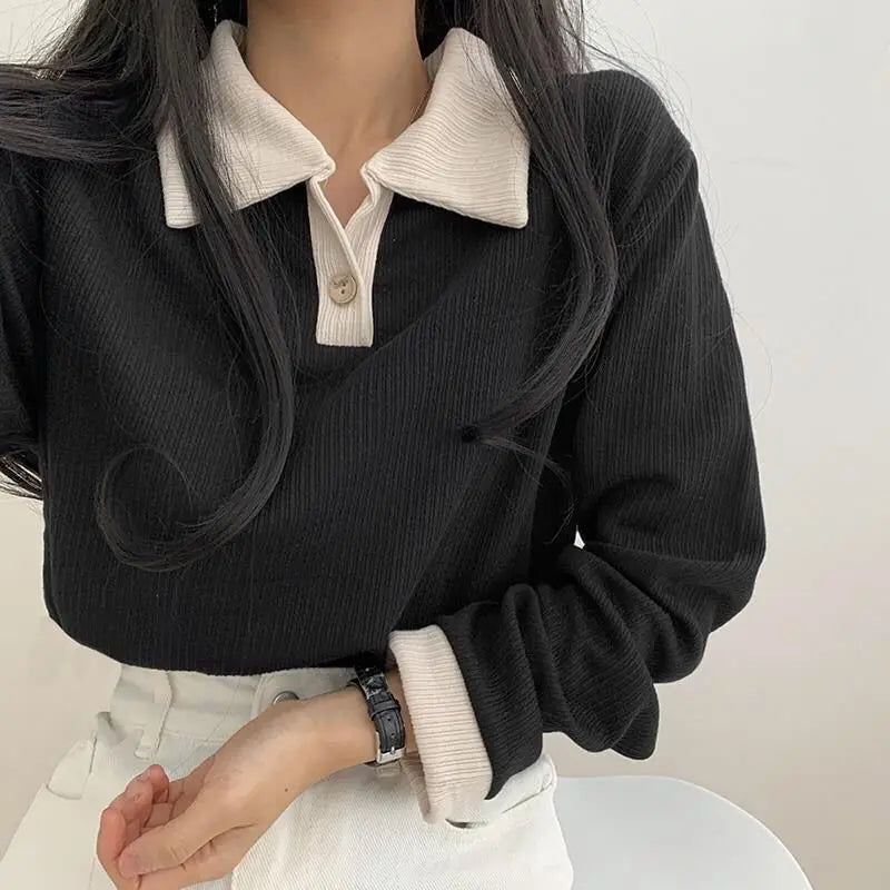 Sweatshirts Women Patchwork Simple Design Turn Down Collar Mujer Spring Stylish Vintage Ulzzang Basic Comfortable Holiday Teens