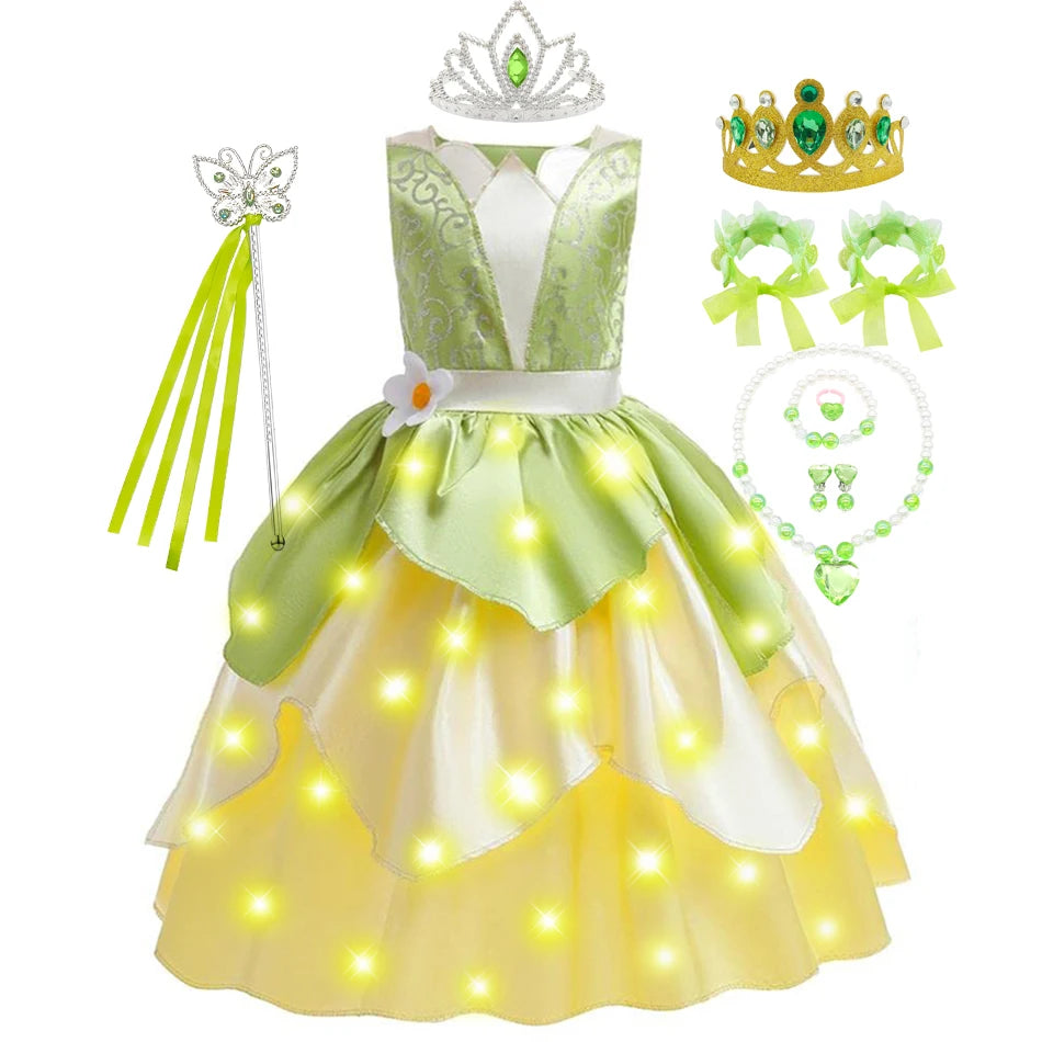 Classic Girls Fairy Tale Tiana Cosplay Costume Elegant Princess Green Party Dress Christmas Summer Sleeveless Princess and Frog