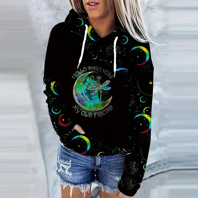 Moon Print Drawstring Hoodie Casual Long Sleeve Hooded Sweatshirt Women's Clothing