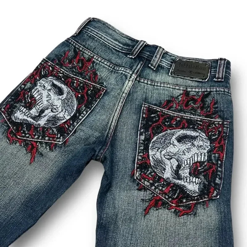 Retro Y2k Pants Hip Hop Goth Oversized Skull Pattern Baggy Jeans Wide Legs Low Waist Sports Skateboard Denim Trousers Streetwear