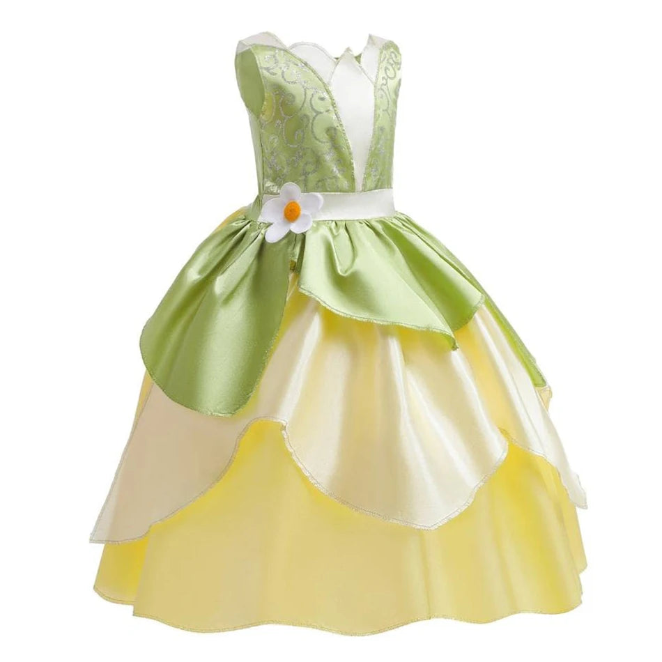 Classic Girls Fairy Tale Tiana Cosplay Costume Elegant Princess Green Party Dress Christmas Summer Sleeveless Princess and Frog