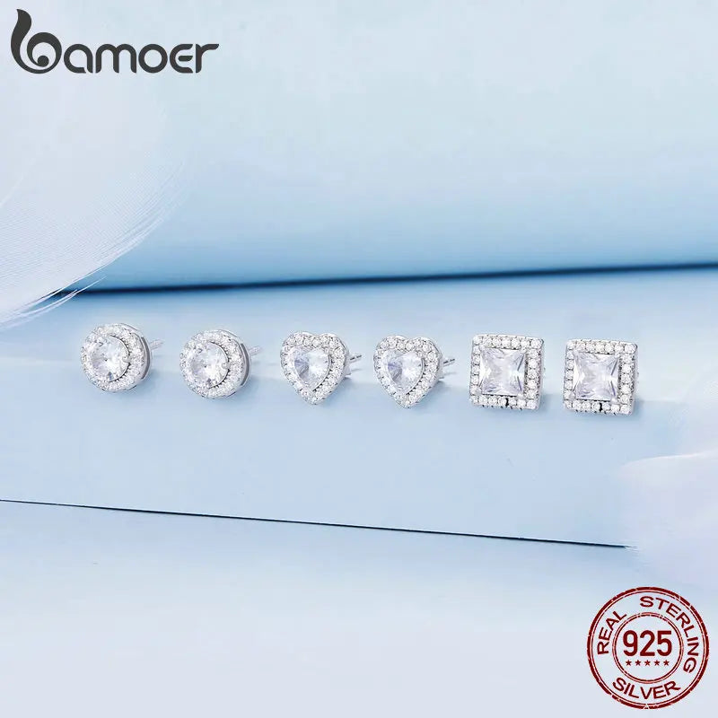 BAMOER Platinum Plated Halo CZ Stud Earrings 925 Sterling Silver Hypoallergenic Classic Elegant Earrings Fashion Jewellry BSE893