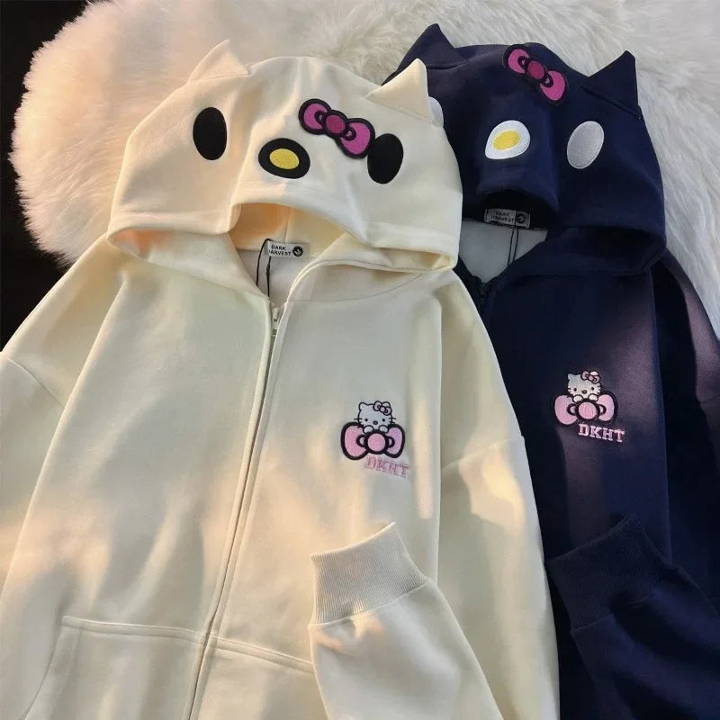 American Vintage Cute Hello Kitty Embroidered Zip Hoodie College Style Couple Coats Streetwear Women Loose Lazy Casual Y2k Tops