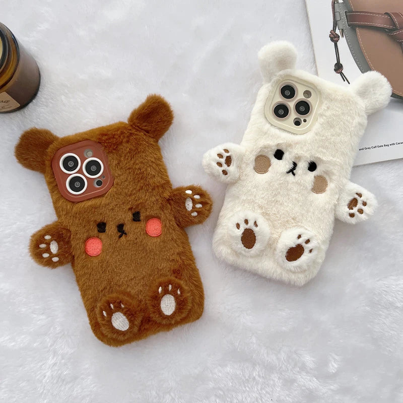 3D Cute Cartoon Bear Funny Fur Fluffy Soft Case for IPhone 11 12 13 14 15 Pro Max Plus 15Pro 14Pro Winter Plush Shockproof Cover