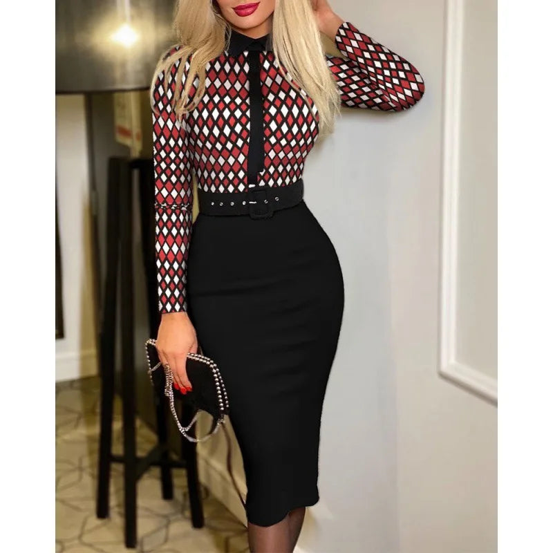 Fashionable Women's Printed Tight A-line Skirt Sexy Suit Collar Dress Wrapped Buttocks For Women With Belt