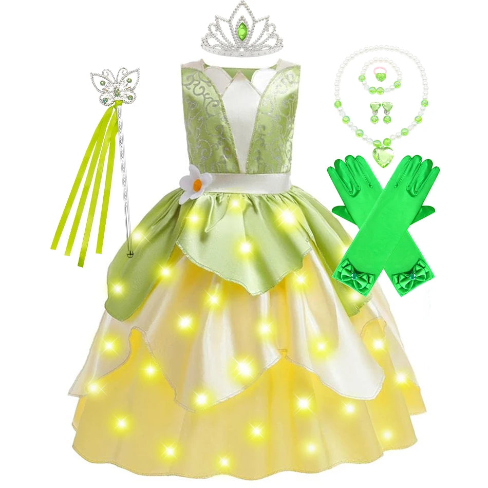 Classic Girls Fairy Tale Tiana Cosplay Costume Elegant Princess Green Party Dress Christmas Summer Sleeveless Princess and Frog