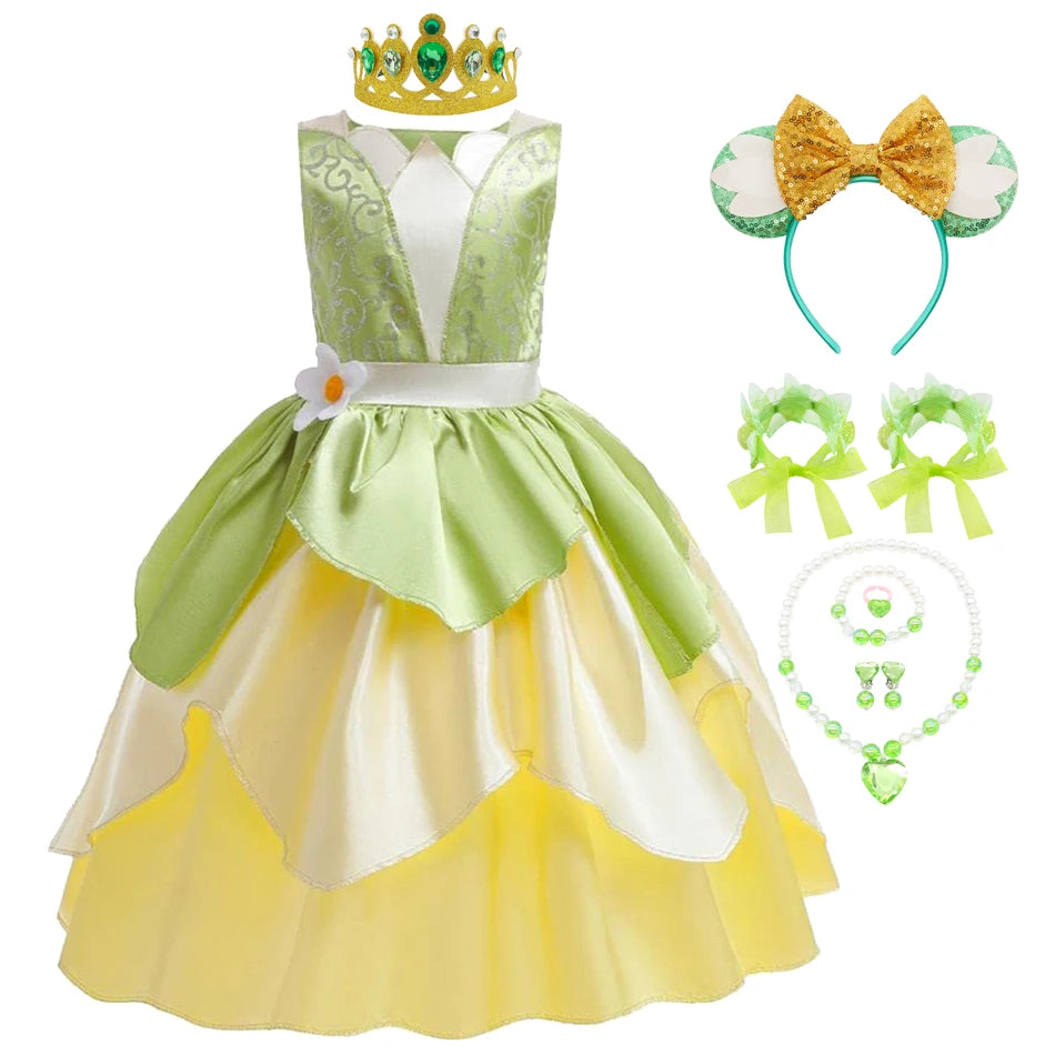 Classic Girls Fairy Tale Tiana Cosplay Costume Elegant Princess Green Party Dress Christmas Summer Sleeveless Princess and Frog