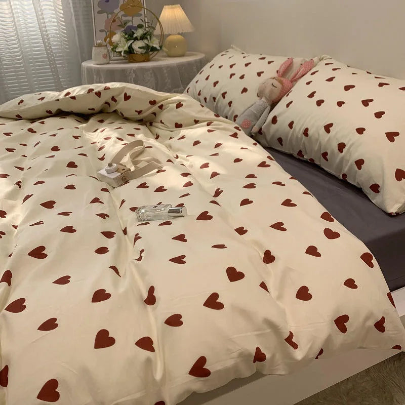 Korean Style Bedding Set Kid Adult Twin Full Queen Size Bed Flat Sheet Love Heart Duvet Cover Set Pillowcase Bed Linen No Filler