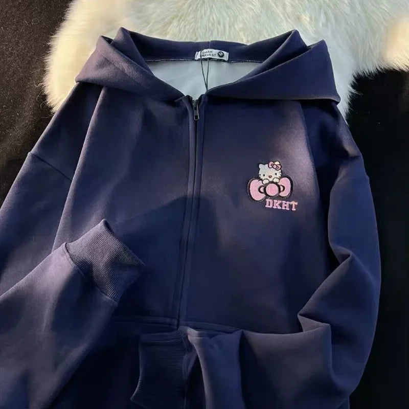 American Vintage Cute Hello Kitty Embroidered Zip Hoodie College Style Couple Coats Streetwear Women Loose Lazy Casual Y2k Tops