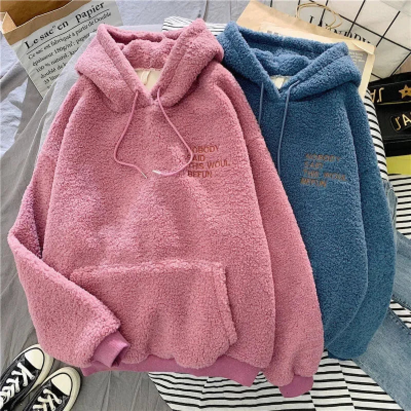 Autumn/Winter Lamb Wool Fleece-Lined Thickened Sweatshirt Women's Loose-Fit Hooded Jacket 2024 New Style Korean Dongdaemun