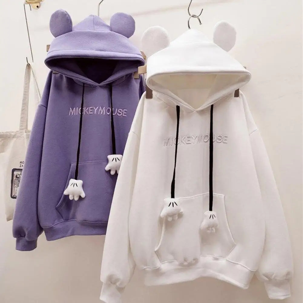 Mouse Ears Women's Thickening Hoodies Cute Anime Girls Winter Warm Hoodie Sweater Loose Casual Pullover Sweatshirt Harajuku