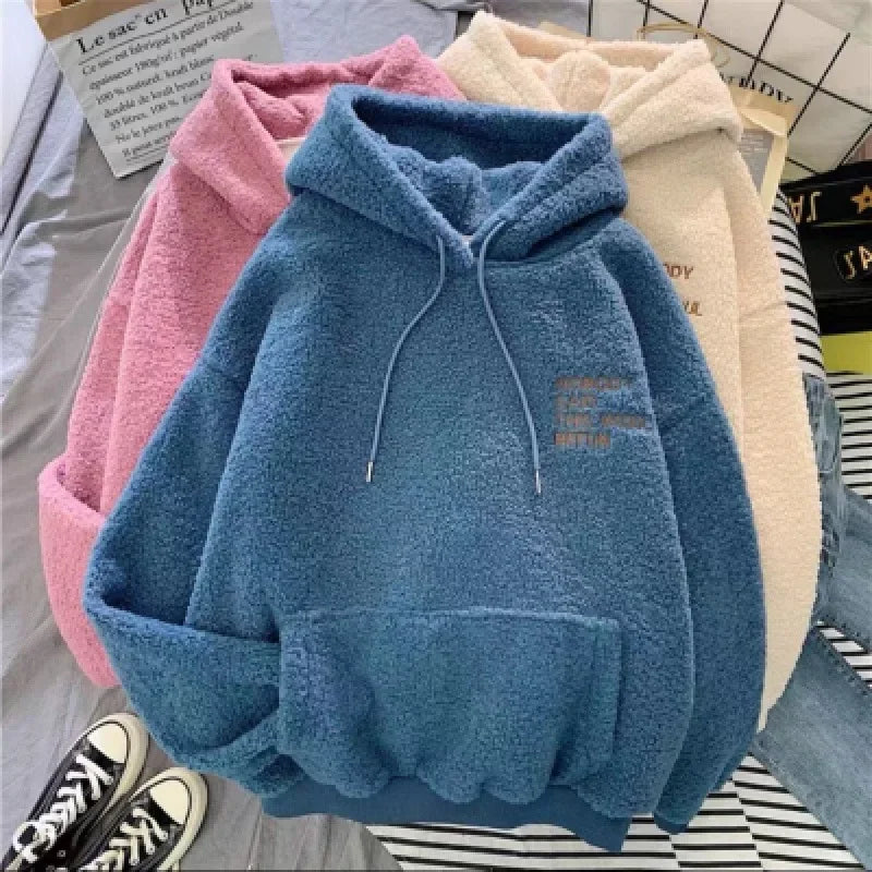 Autumn/Winter Lamb Wool Fleece-Lined Thickened Sweatshirt Women's Loose-Fit Hooded Jacket 2024 New Style Korean Dongdaemun