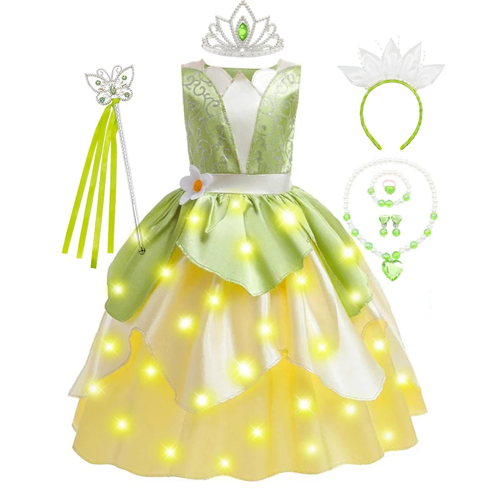 Classic Girls Fairy Tale Tiana Cosplay Costume Elegant Princess Green Party Dress Christmas Summer Sleeveless Princess and Frog