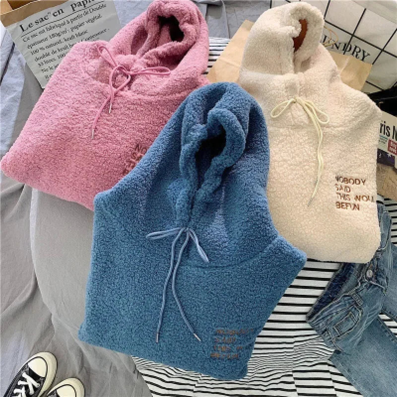 Autumn/Winter Lamb Wool Fleece-Lined Thickened Sweatshirt Women's Loose-Fit Hooded Jacket 2024 New Style Korean Dongdaemun