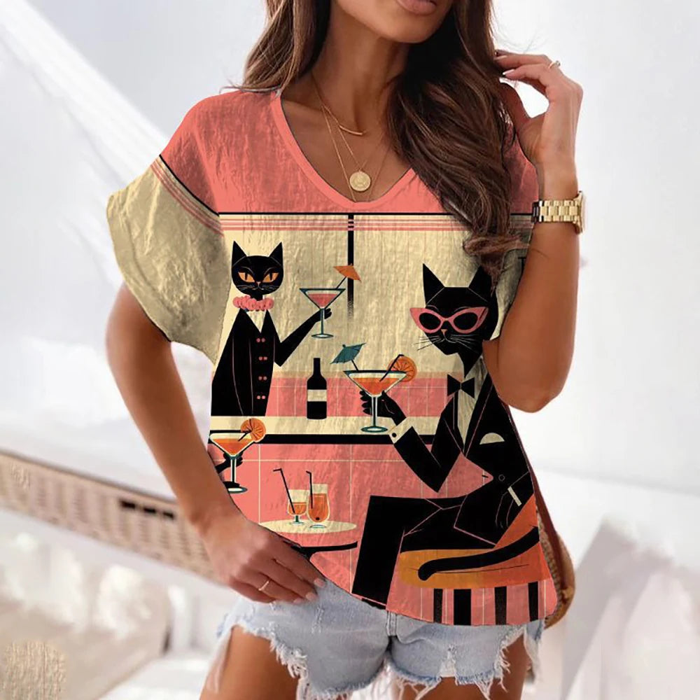 Cartoon Cat Print Cute Animal Pattern Fashion V-neck Short Sleeves T shirt Summer Loose Women's T-shirts Y2K Clothing Tops