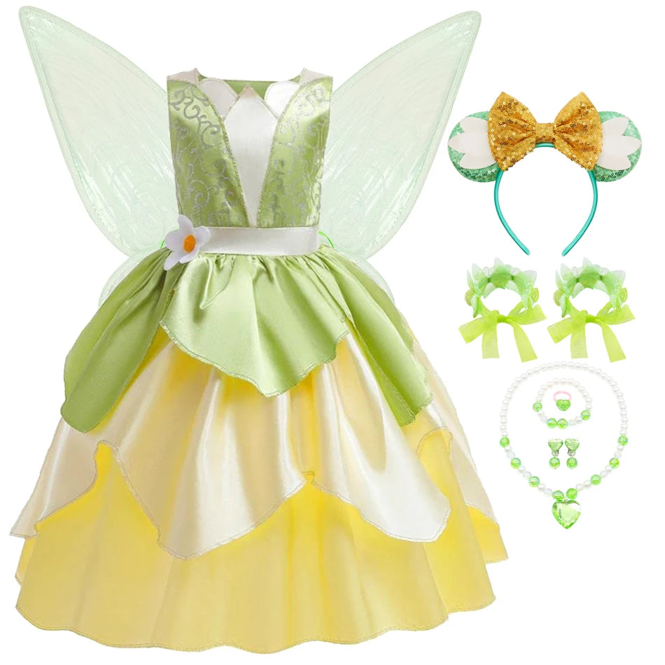 Classic Girls Fairy Tale Tiana Cosplay Costume Elegant Princess Green Party Dress Christmas Summer Sleeveless Princess and Frog