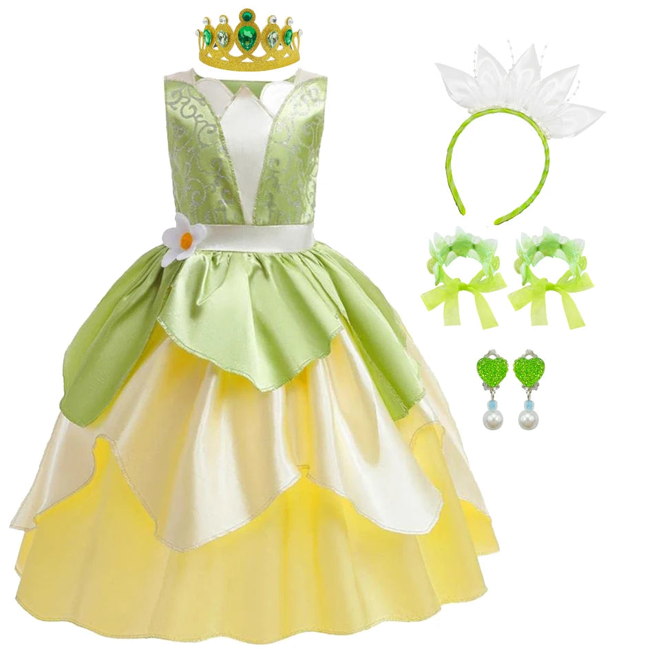 Classic Girls Fairy Tale Tiana Cosplay Costume Elegant Princess Green Party Dress Christmas Summer Sleeveless Princess and Frog